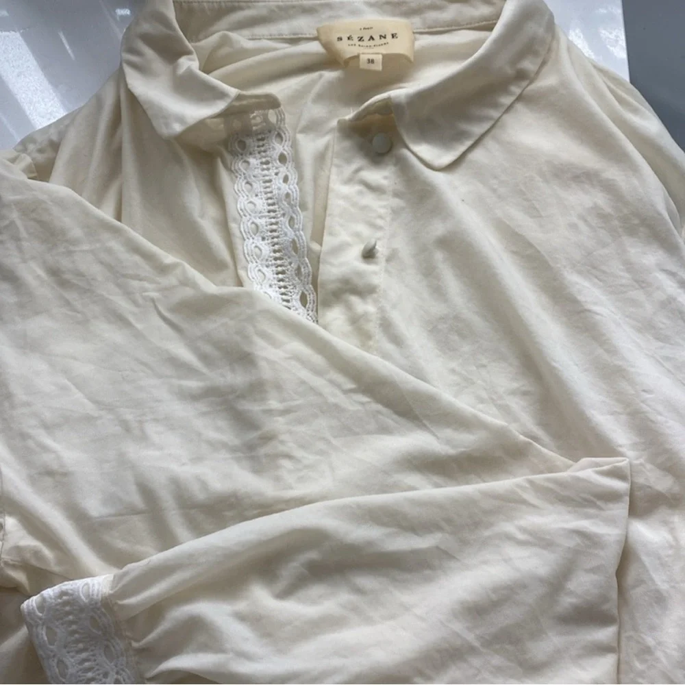 Sezane Cream Button Down Shirt with Lace Detail - Picture 3 of 6